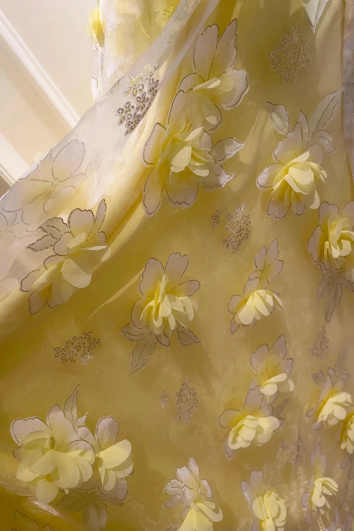 Yellow Tulle Flowers Tea Length Prom Dress Lovely A-Line Party Dress