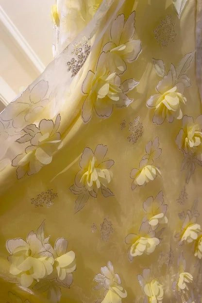 Yellow Tulle Flowers Tea Length Prom Dress Lovely A-Line Party Dress