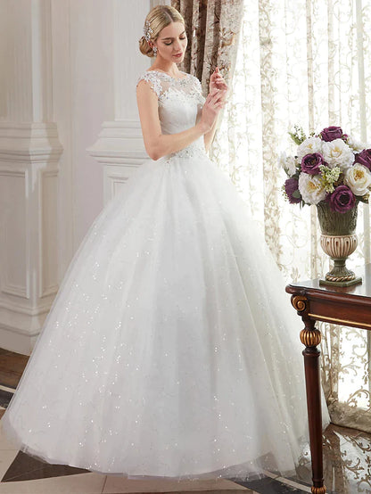 Ball Gown Wedding Dresses Jewel Neck Floor Length Lace Over Tulle Cap Sleeve Romantic Illusion Detail with Beading Appliques