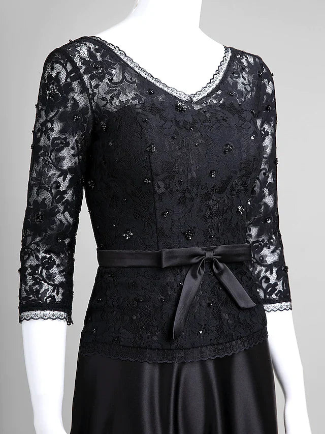 A-Line Mother of the Bride Dress Open Back V Neck Floor Length Lace Satin Half Sleeve with Lace Bow(s)
