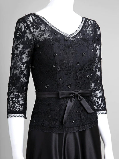 A-Line Mother of the Bride Dress Open Back V Neck Floor Length Lace Satin Half Sleeve with Lace Bow(s)