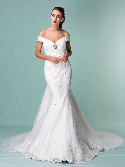 Wedding Dresses Off Shoulder Chapel Train Organza Short Sleeve with Beading Appliques Crystal Floral