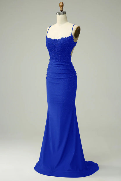 Mermaid Halter Court Train Dress Prom Dress with Appliques Beading
