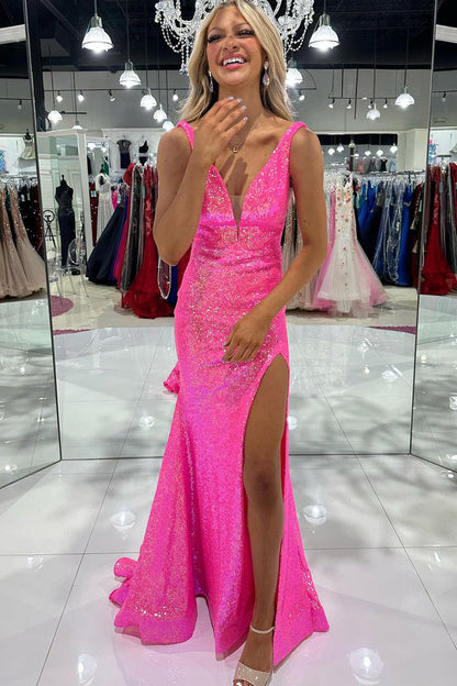 Sparkly Mermaid V Neck Hot Pink Sequins Long Prom Dresses with Slit