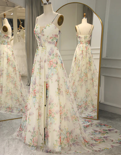 A-Line Spaghetti Straps Long Prom Dress Floral Print With Split