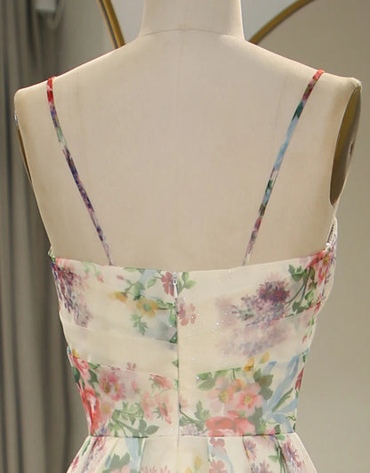 A-Line Spaghetti Straps Long Prom Dress Floral Print With Split