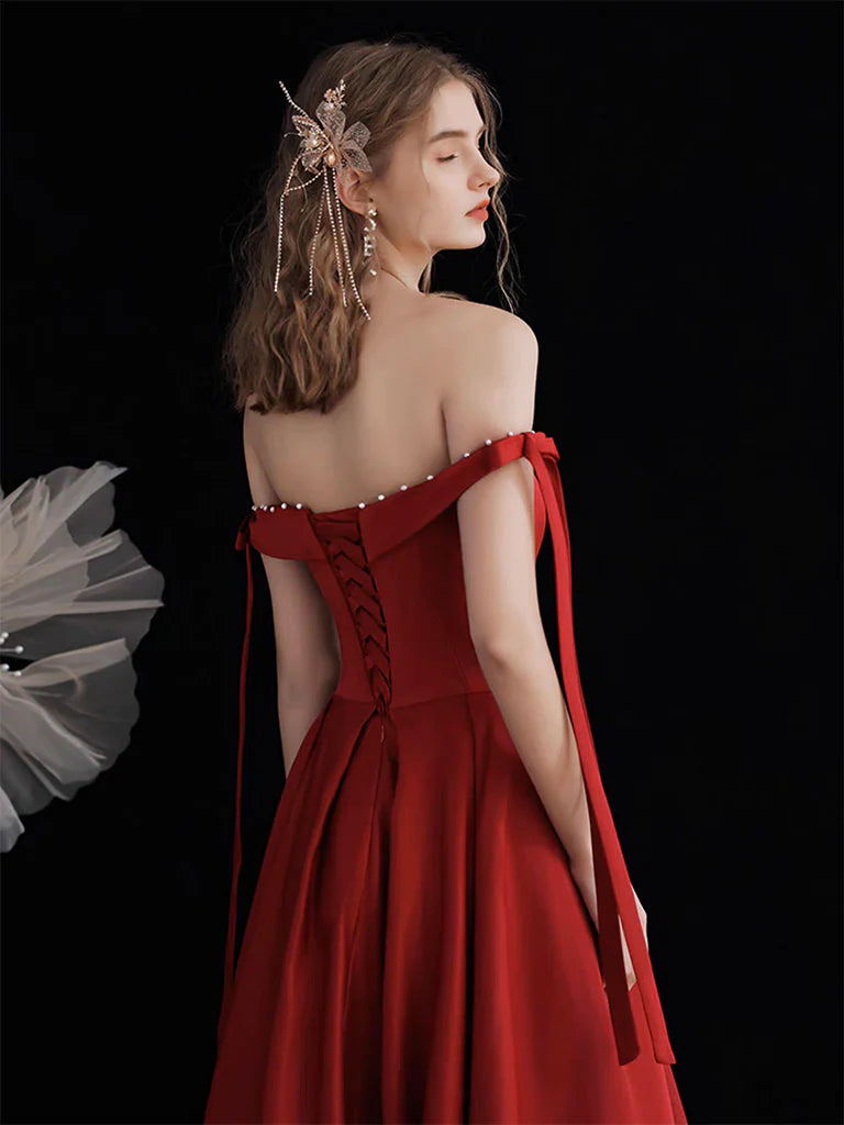 A-Line Off Shoulder Satin Burgundy Formal Long Prom Dress