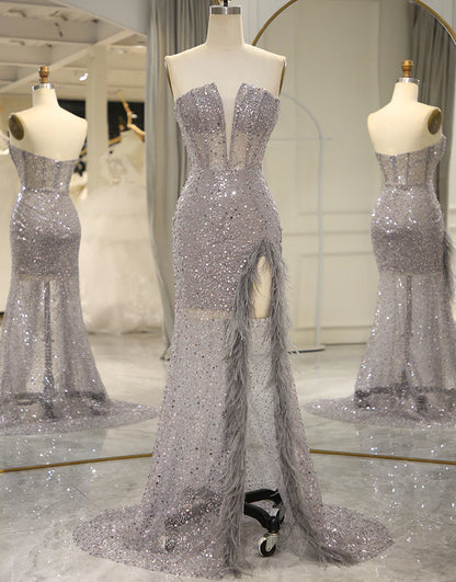 Sparkly Grey Strapless Mermaid Prom Dress Split With Feather