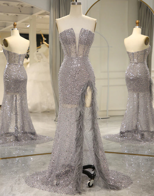 Sparkly Grey Strapless Mermaid Prom Dress Split With Feather