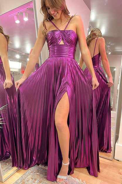 Cute A Line Straps Cutout Purple Sparkly Satin Prom Dress with Slit
