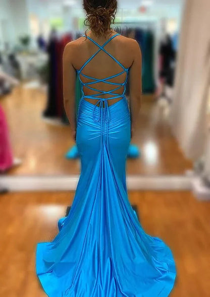 Charming Mermaid V Neck Blue Satin Prom Dress with Slit
