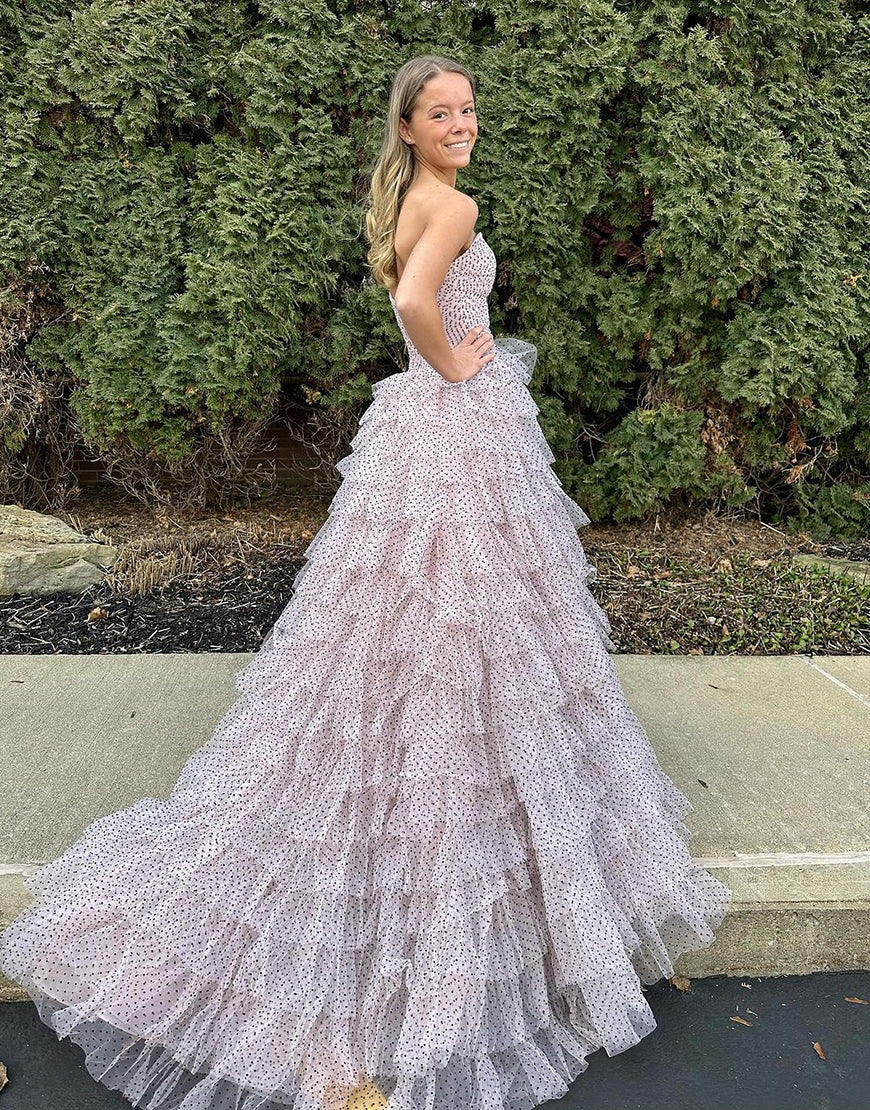 A Line Strapless Keyholes Ruffle Tiered Prom Dress Princess Dress With Slit