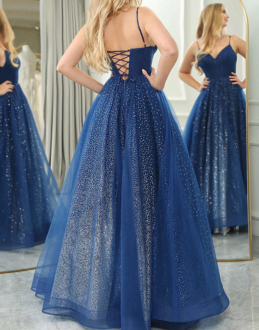 Sparkly Navy A Line V-Neck Long Prom Dress Slit With Lace Up Back
