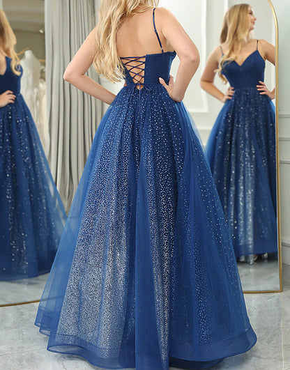 Sparkly Navy A Line V-Neck Long Prom Dress Slit With Lace Up Back