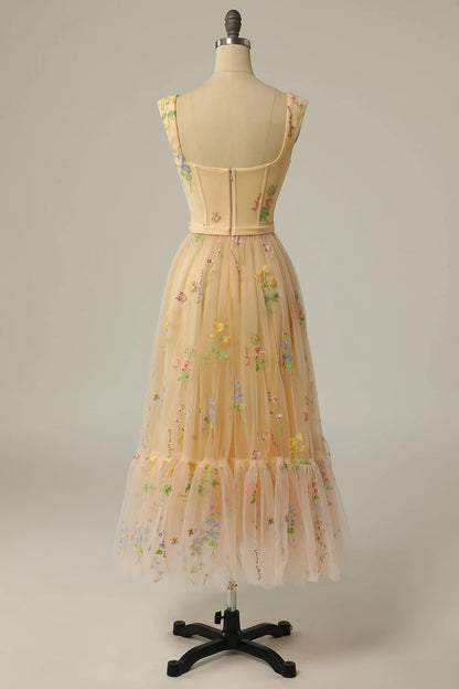 A Line Sweetheart Floor-length Tea length Prom Dress with Embroidery