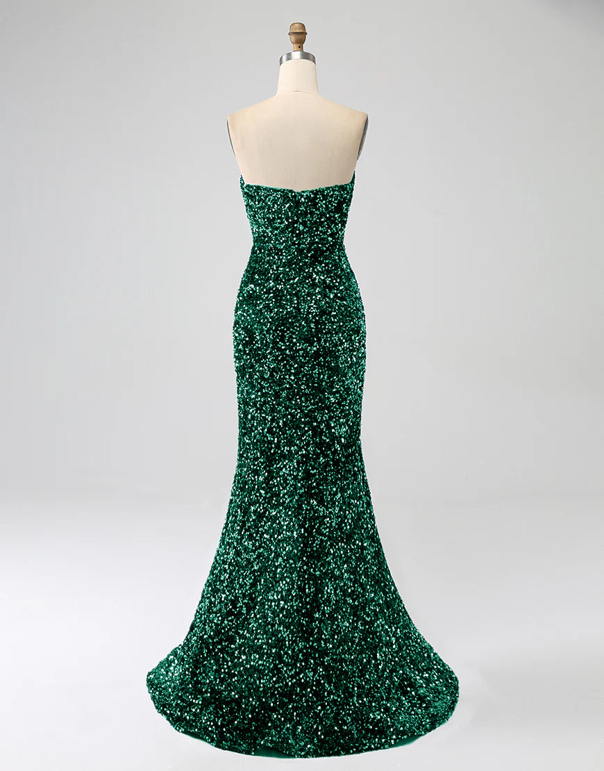 Mermaid Dark Green Sheath Strapless Tight Sequin Side Slit Prom Dress