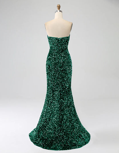 Mermaid Dark Green Sheath Strapless Tight Sequin Side Slit Prom Dress