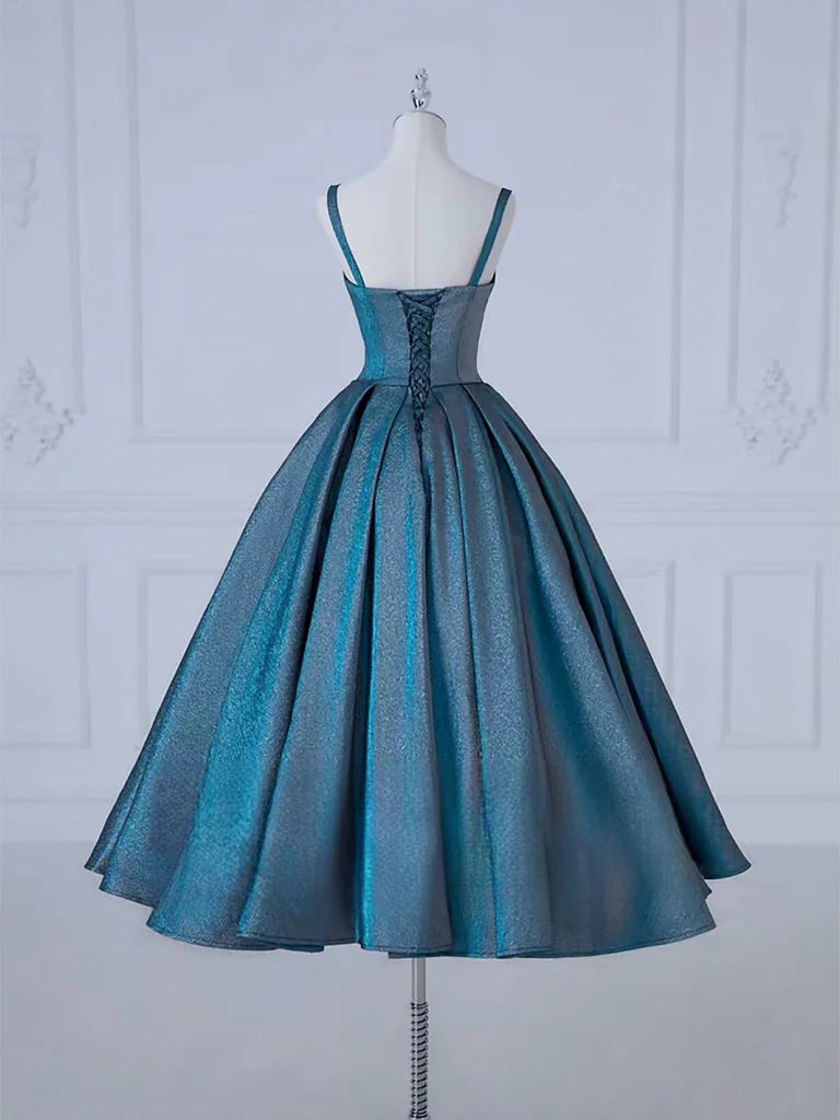 A-Line Sweetheart Neck Satin Tea Length Blue Prom Dress Formal Dress
