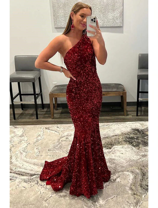 Mermaid / Trumpet Prom Dresses Sexy Dress Formal Floor Length Sleeveless One Shoulder Sequined Backless with Sequin