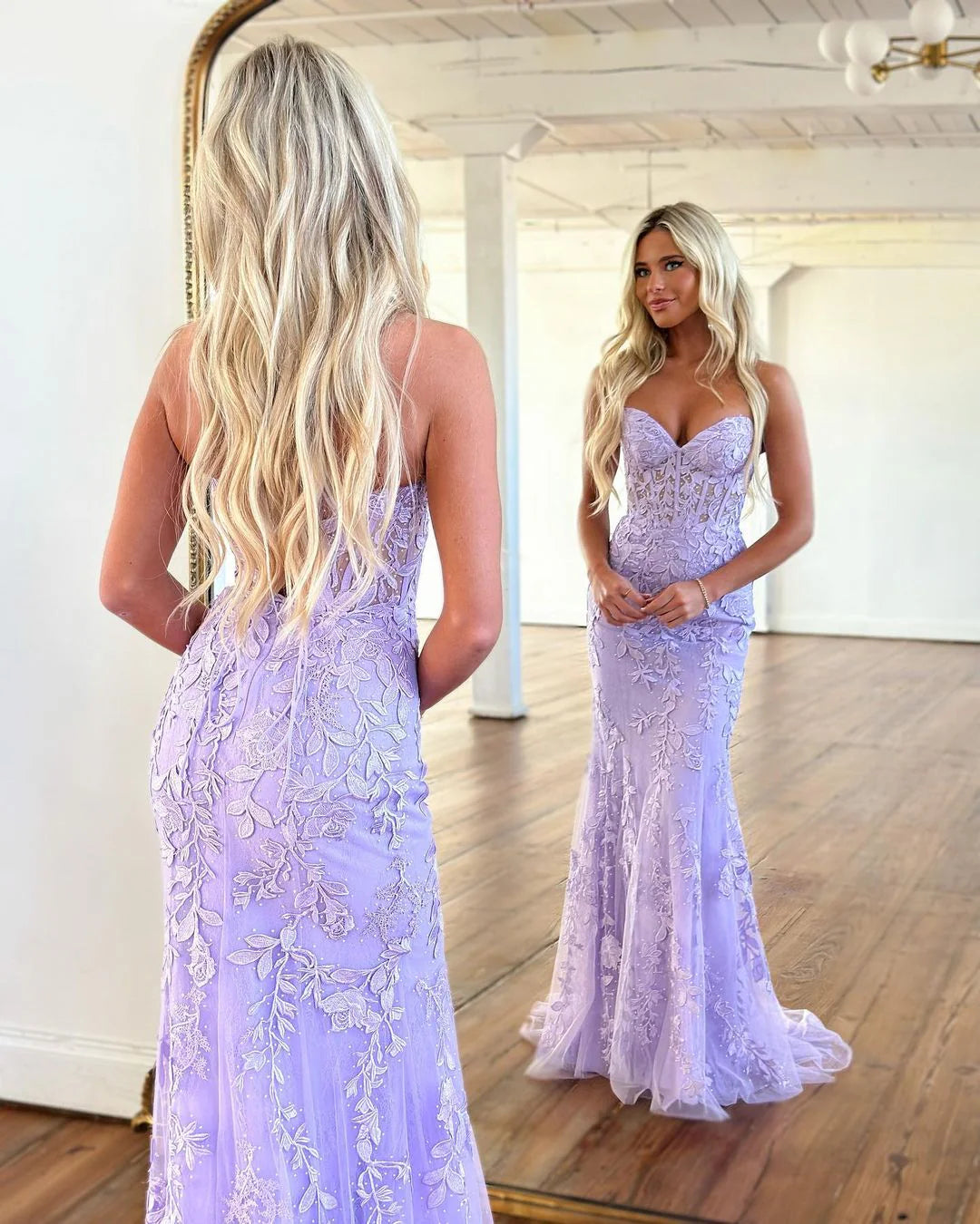 Lilac Charming Mermaid Sweetheart Lavender Prom Dresses with Appliques