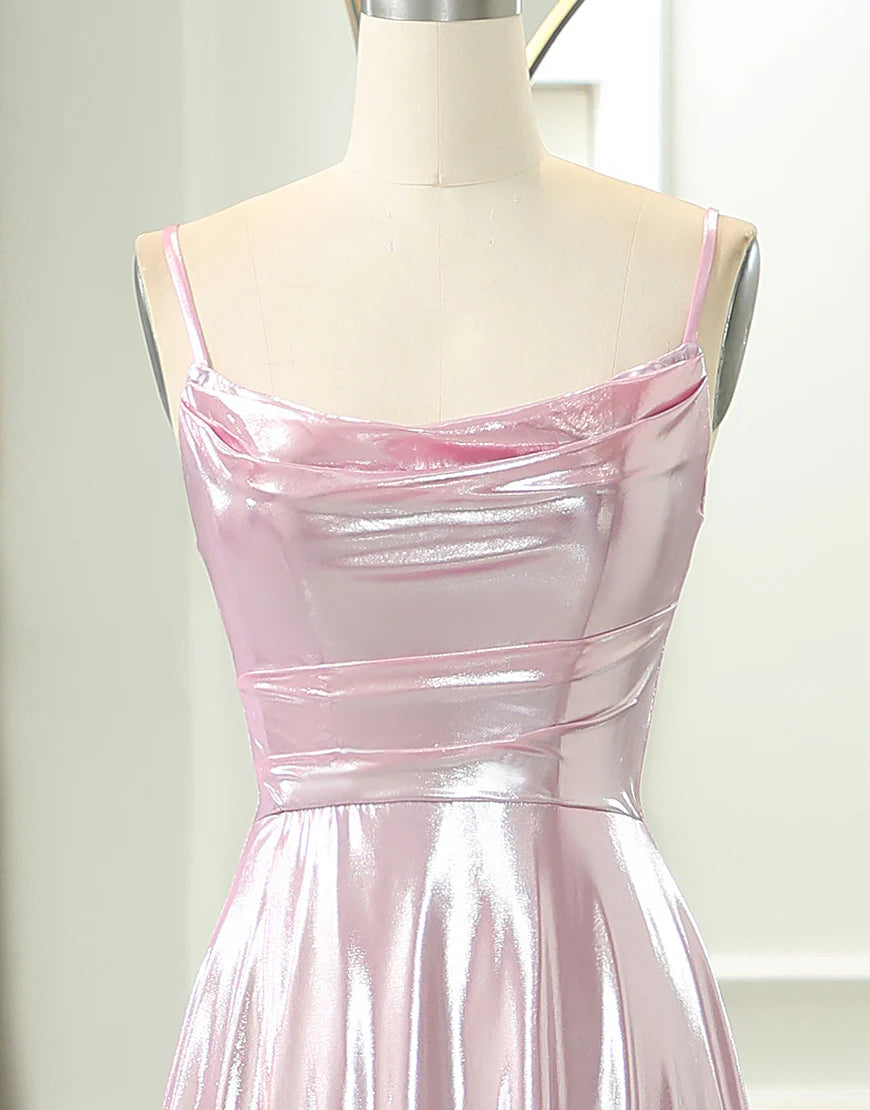 A Line Simple Sparkly Pink Spaghetti Straps Long Prom Dress