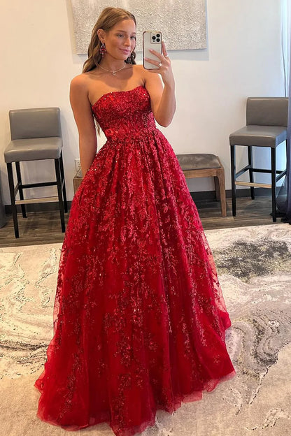 Red A-Line Strapless Sequin Lace Prom Dresses
