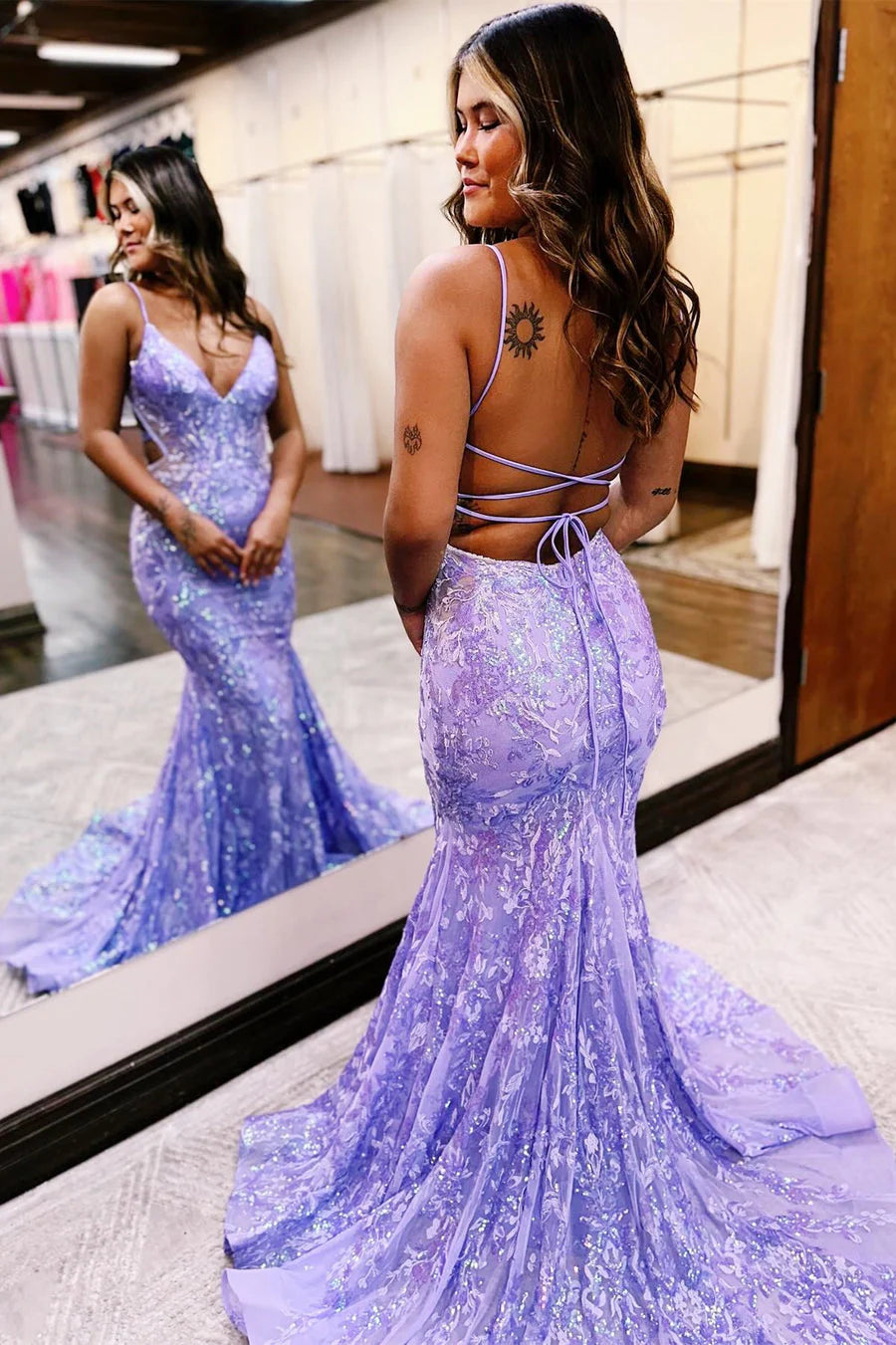 Stunning Blue Sequin Lace V-Neck Long Dress Tulle Long Prom Dress Party Dress