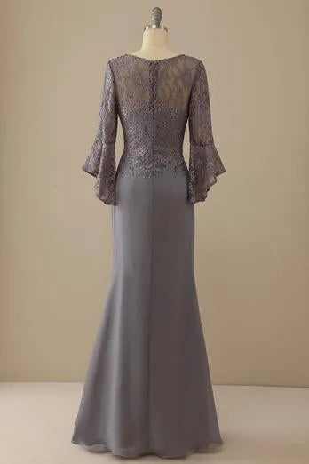 V Neck Lace Mother of Bride Dress Long Sleeves Wedding Guest Dresses