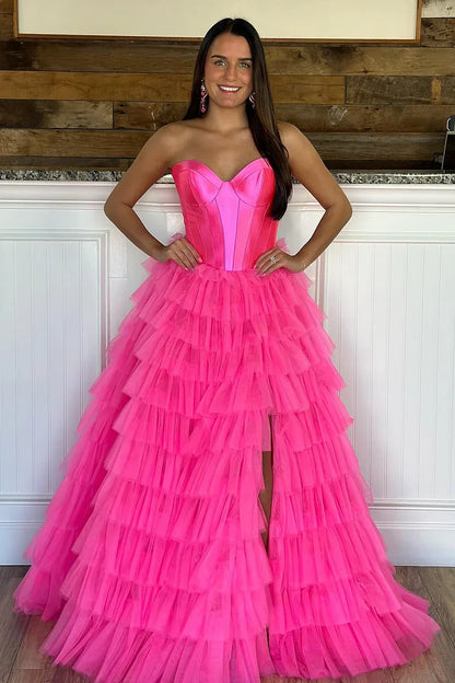 Black A-Line Sweetheart Tiered Tulle Long Prom Dress with Slit