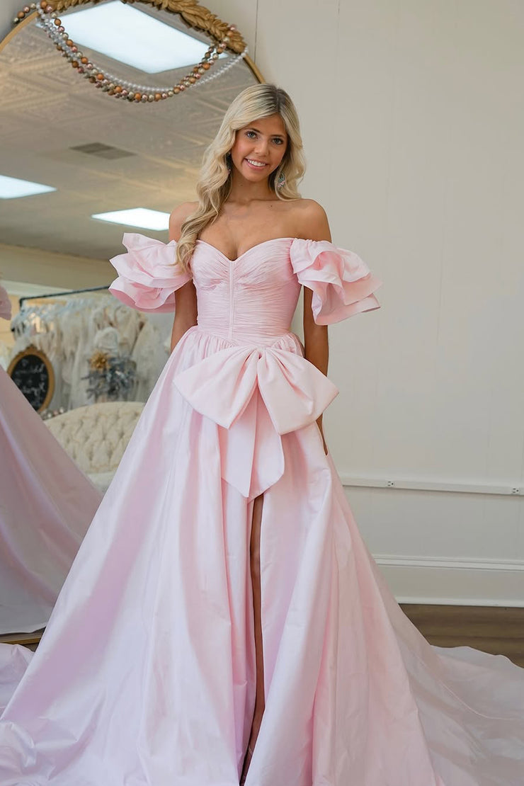 Cute Ball Gown Off the Shoulder Pink Satin Prom Dress with Bow