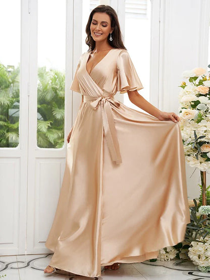 A-Line Princess Silk like Satin Sash Ribbon Belt V-neck Short Sleeves Floor-Length Bridesmaid Dresses