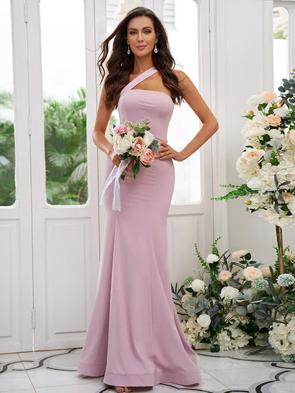 Stretch Crepe Ruffles One-Shoulder Sleeveless Floor-Length Bridesmaid Dresses