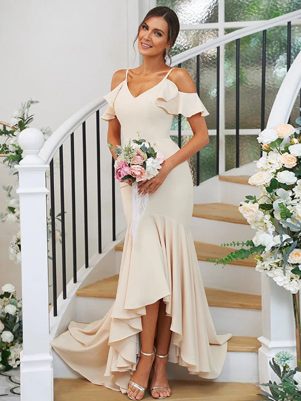 Jersey Ruffles V-neck Sleeveless Asymmetrical Bridesmaid Dresses
