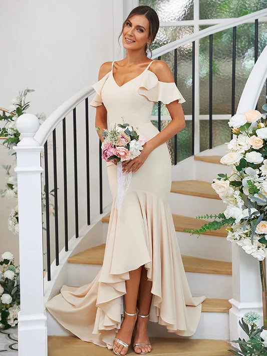 Jersey Ruffles V-neck Sleeveless Asymmetrical Bridesmaid Dresses