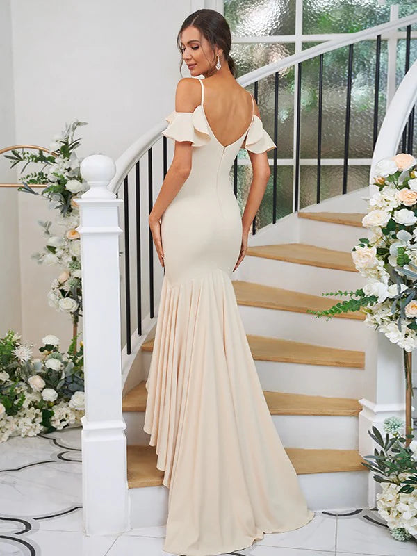 Jersey Ruffles V-neck Sleeveless Asymmetrical Bridesmaid Dresses