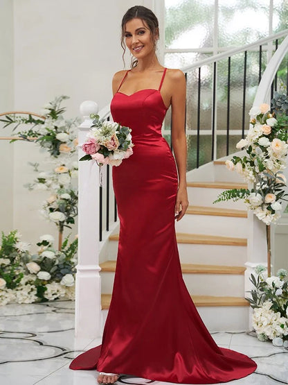 Elastic Woven Satin Ruched Square Sleeveless Bridesmaid Dresses