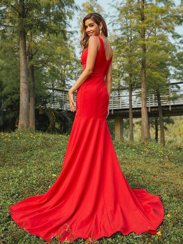 Stretch Crepe Ruffles V-neck Sleeveless Bridesmaid Dresses Red