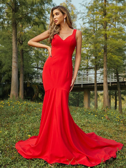 Stretch Crepe Ruffles V-neck Sleeveless Bridesmaid Dresses Red