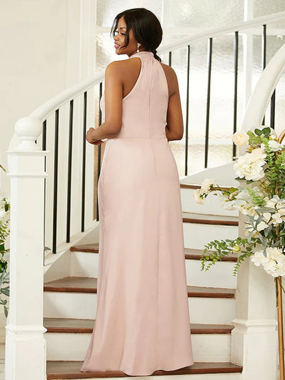 Silk like Satin Ruched Halter Sleeveless Floor-Length Plus Size Bridesmaid Dresses