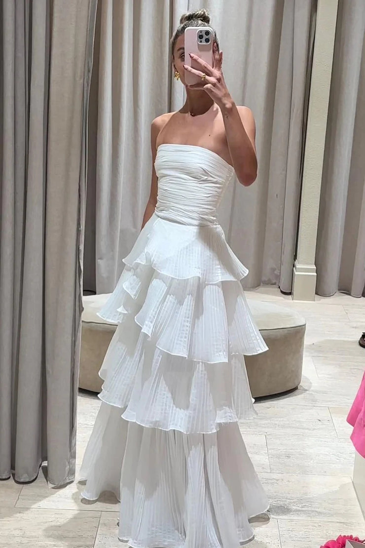 Charmig Sheath Strapless Organza Satin Long Prom Dresses Wedding Dresses