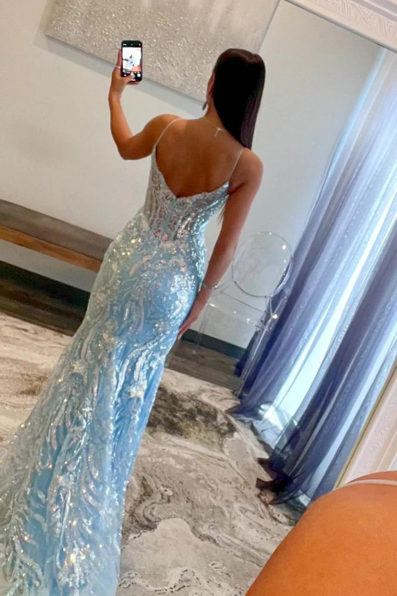 Light Blue Sequins Appliques V Neck Tulle Lace Long Prom Dresses