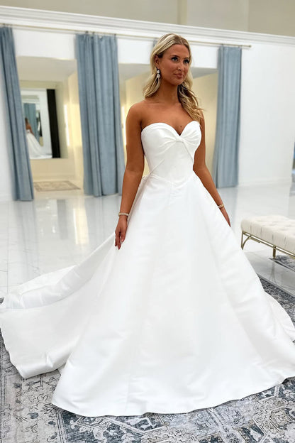 Boho A Line White Satin Wedding Dresses with Bow