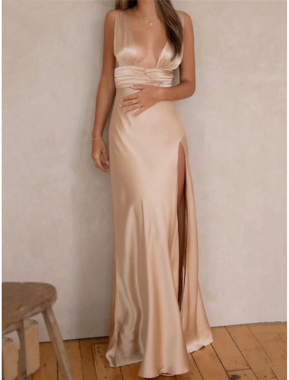 Satin Split Deep V Sleeveless Vacation Elegant Formal Prom Dress Party Dress
