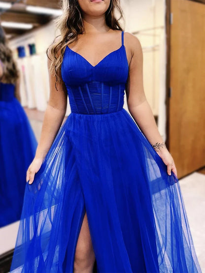A-Line V Neck Tulle Blue Long Prom Dress Formal Dress With Slit