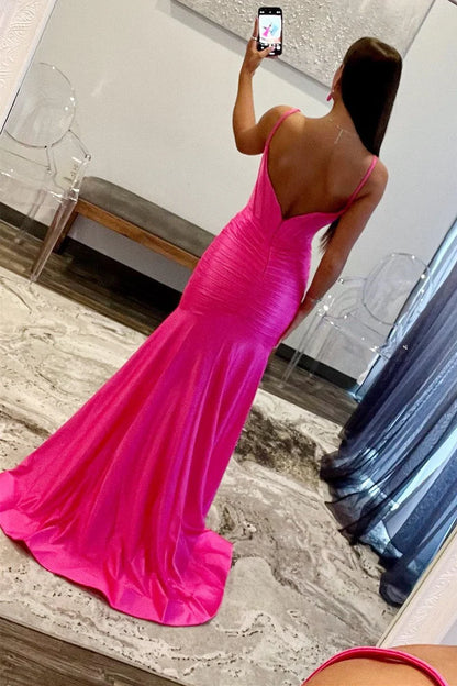 Mermaid Scoop Neck Satin Backless Prom Dress with Slit