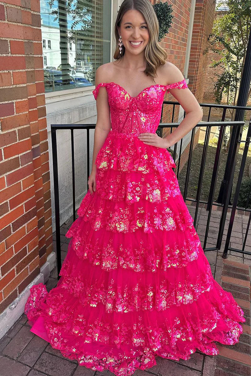 Off the Shoulder Hot Pink Sequin Lace Long Prom Dresses with Slit