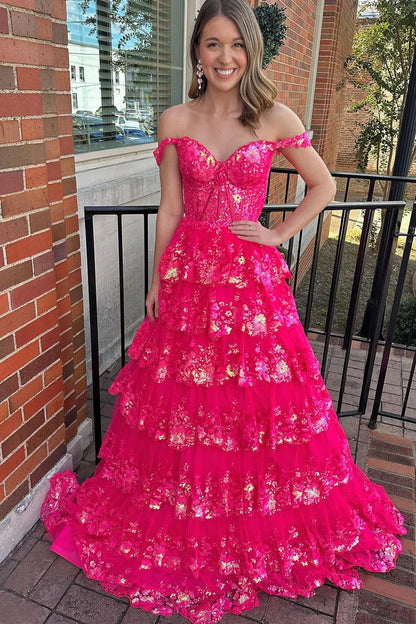 Off the Shoulder Hot Pink Sequin Lace Long Prom Dresses with Slit
