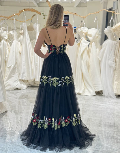 A-Line V-Neck Navy Long Tulle Prom Dress With Embroidery