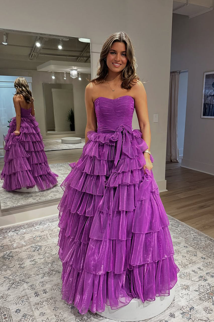 Cute Ball Gown Strapless Purple Long Tiered Prom Dress