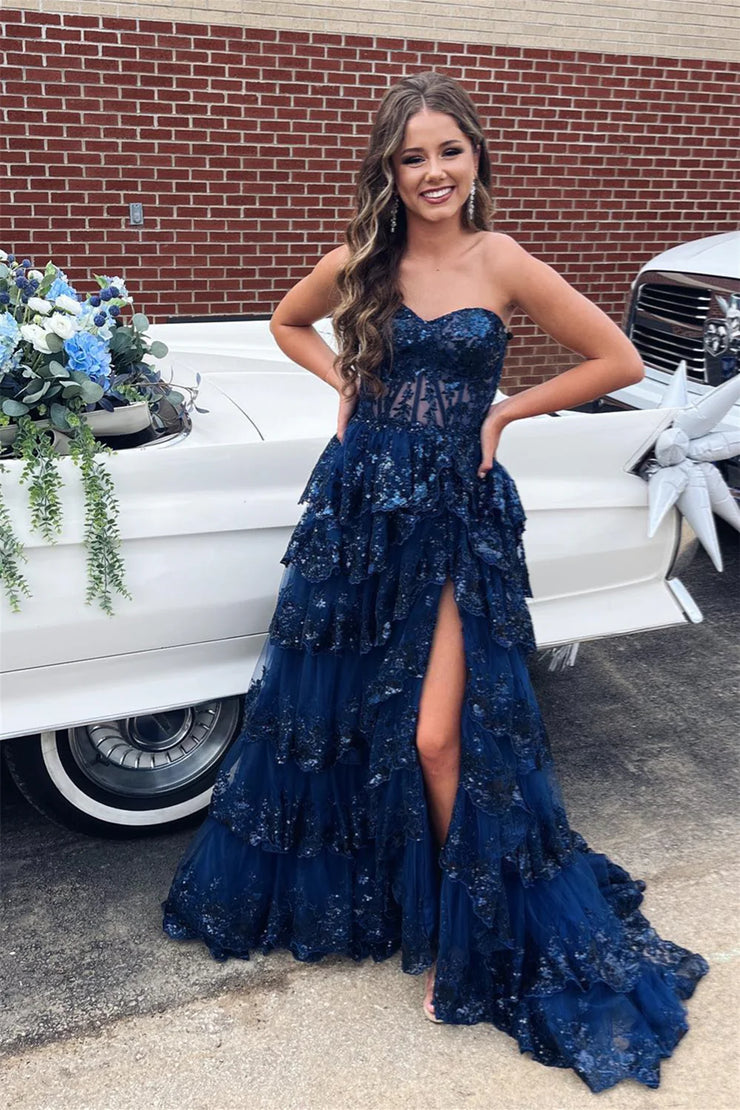 Gorgeous A Line Off the Shoulder Navy Sequins Long Prom Dress with Appliques
